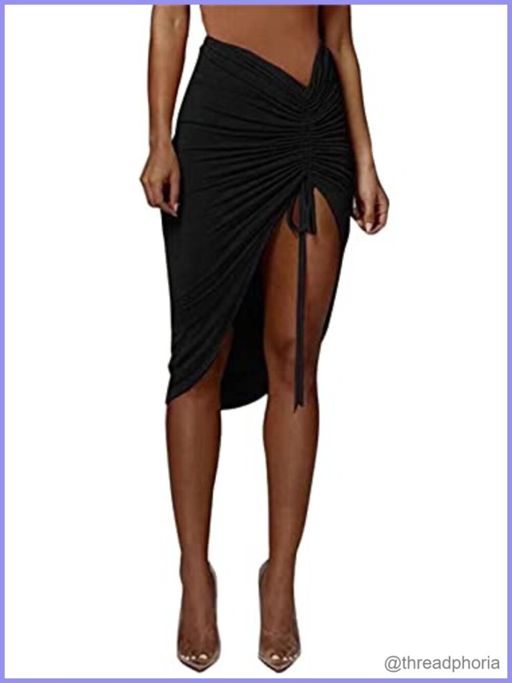 Women's Asymmetrical Bodycon Midi Skirt Drawstring Ruched Thigh High Slit